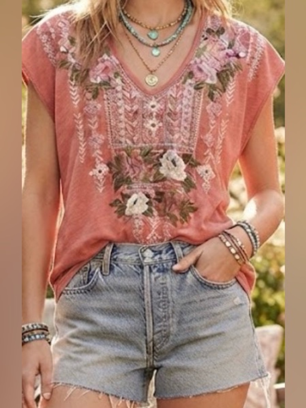 Calinda Bohemian Floral Embroidered Cap Sleeve Racerback Tunic Top Size M